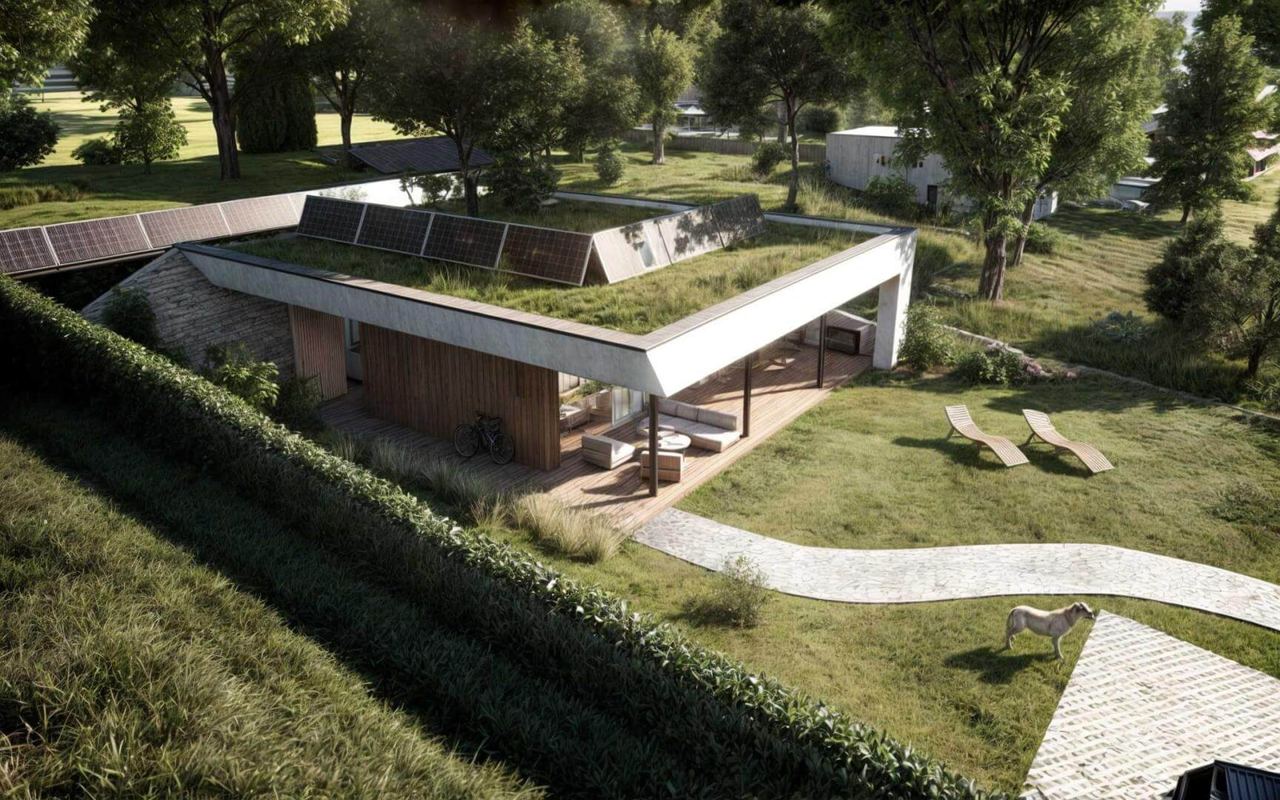 Aerial view of earth-sheltered house with grass roof, solar panels, wooden deck and lawn path