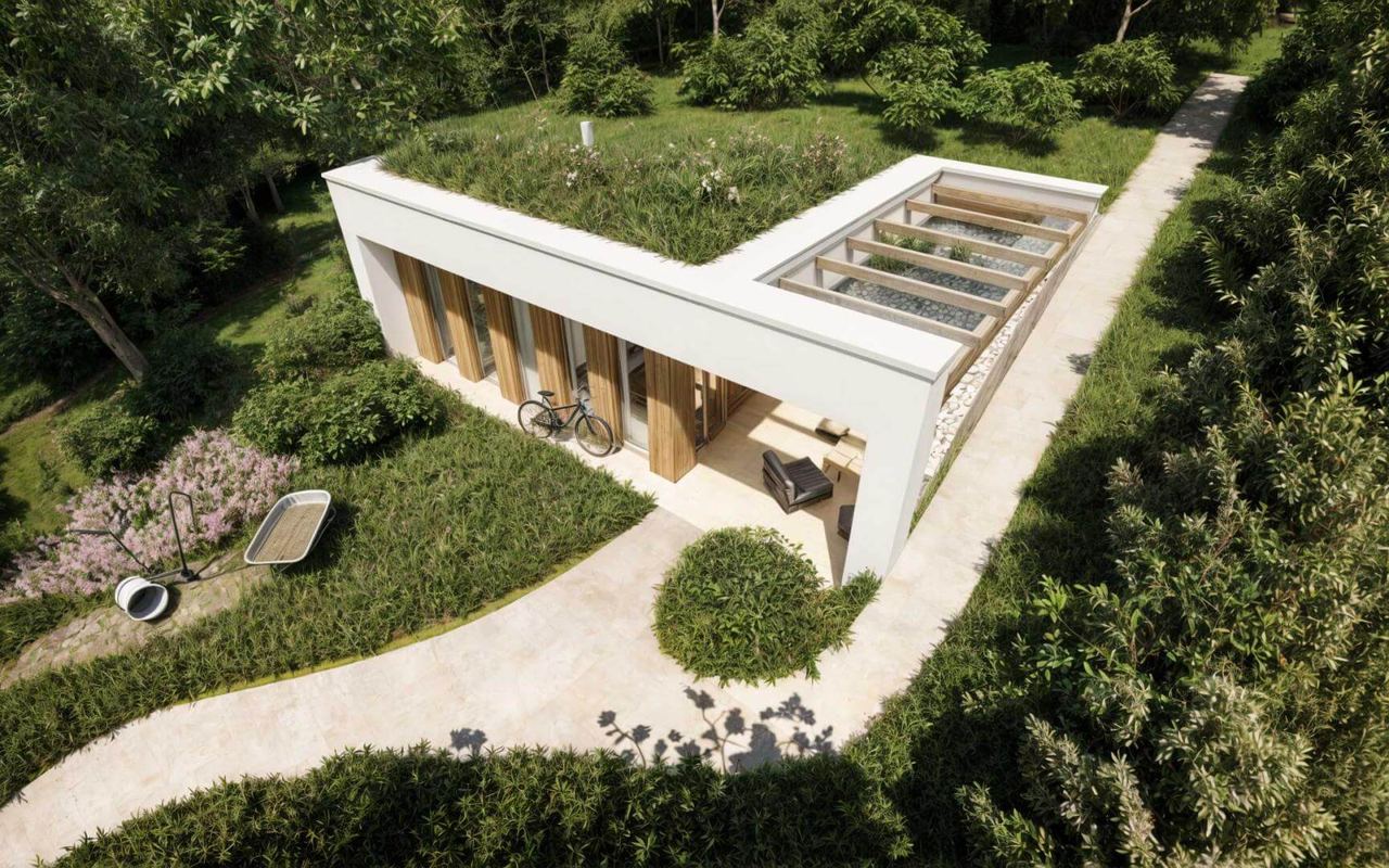 Aerial view of L-shaped earth-sheltered house with green roof, pergola-shaded courtyard, and garden paths